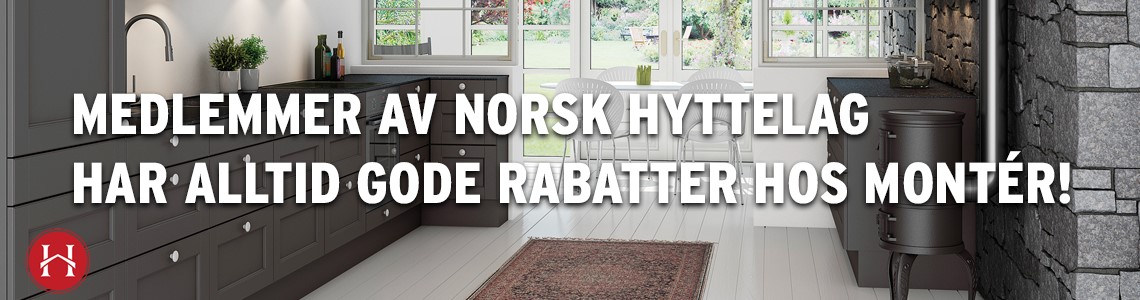 Bilde av interiør i hytte med følgende tekst: Medlemmer av Norsk Hyttelag har alltid gode rabatter hos Montèr!