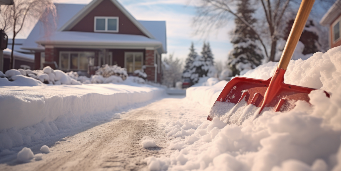hus med oppkjørsel som er måket ved hjelp av snøredskaper