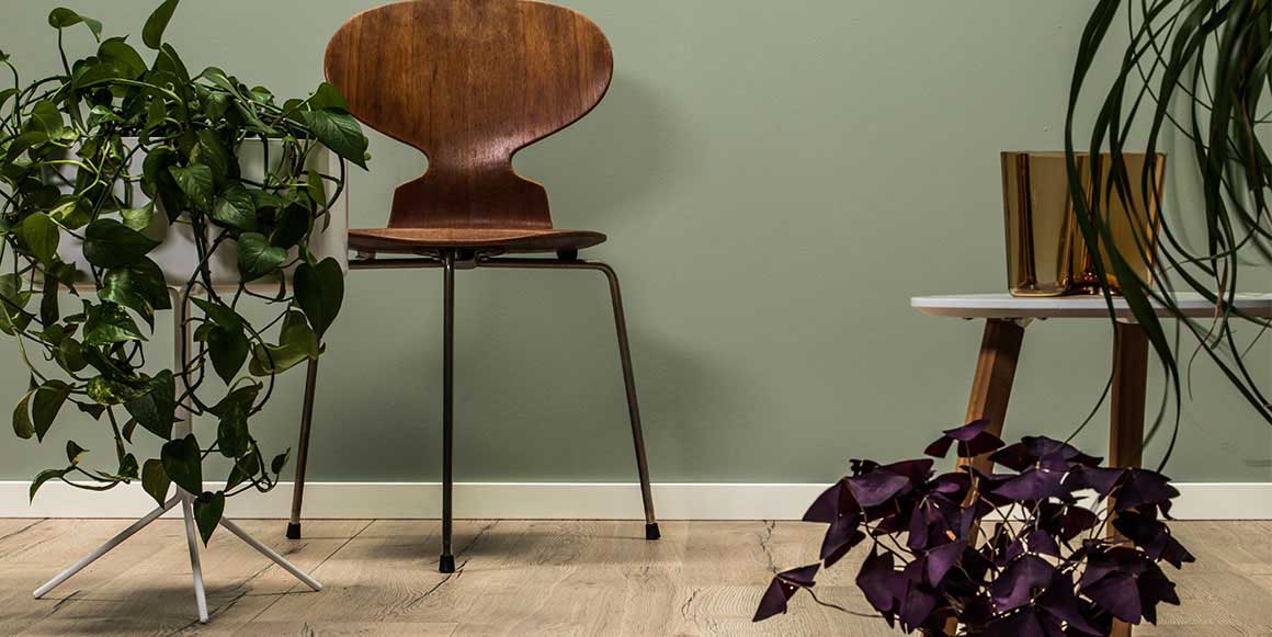 Rustikk gulv fra Opus, planter og pynt i bruntoner med foran grønn vegg