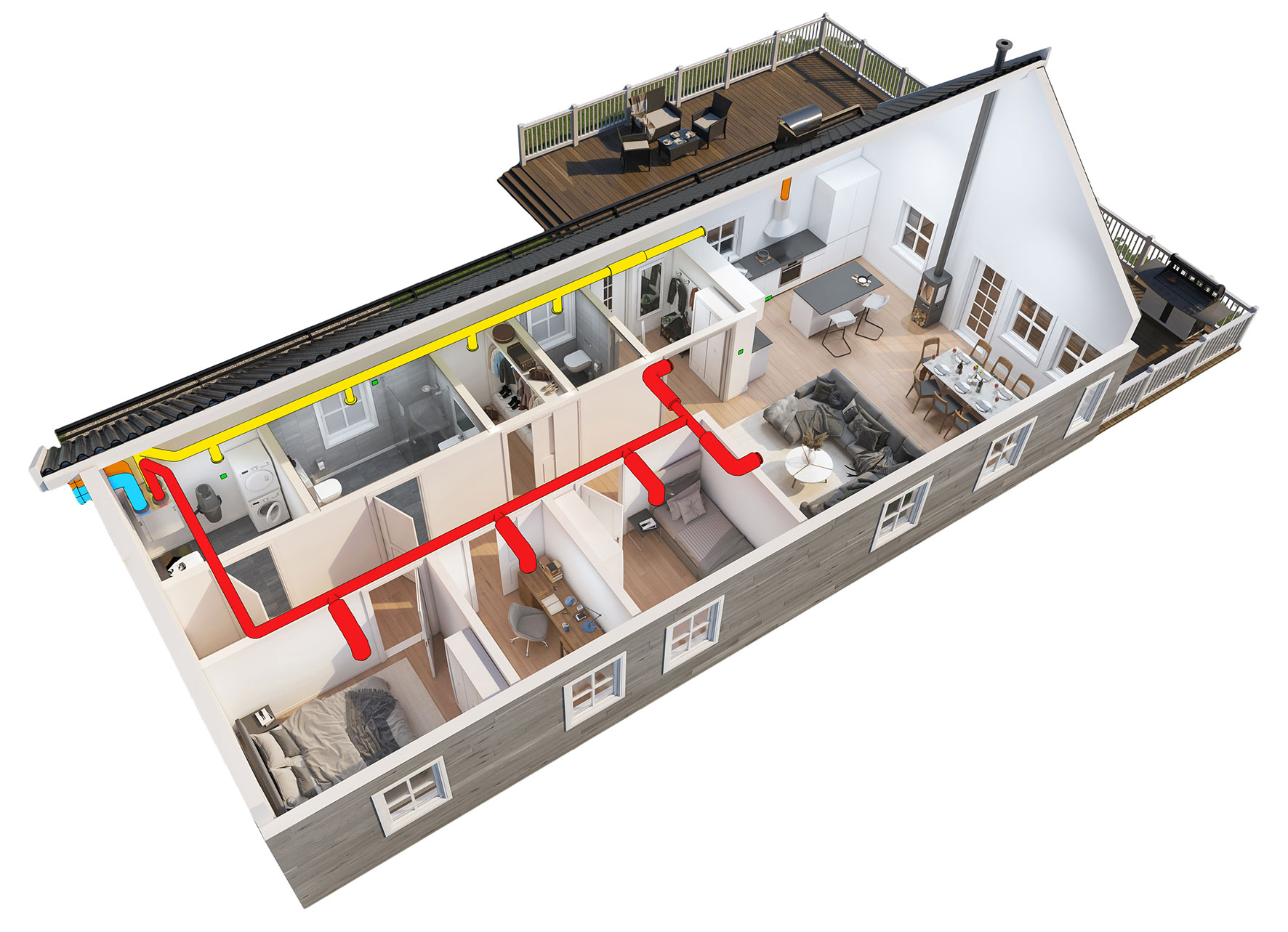 Illustrasjon av bolig med balansert ventilasjon. Avtrekk og tilluft er markert med gule og røde kanaler