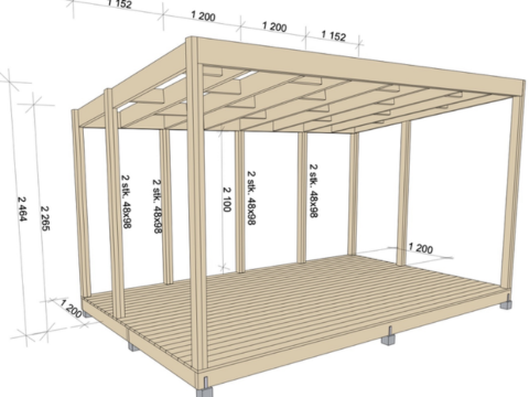 Nå som takkonstruksjonen er på plass, skal du montere 5 stolper til din pergola. Disse bidrar til å støtte opp og fungerer som feste for kledningen