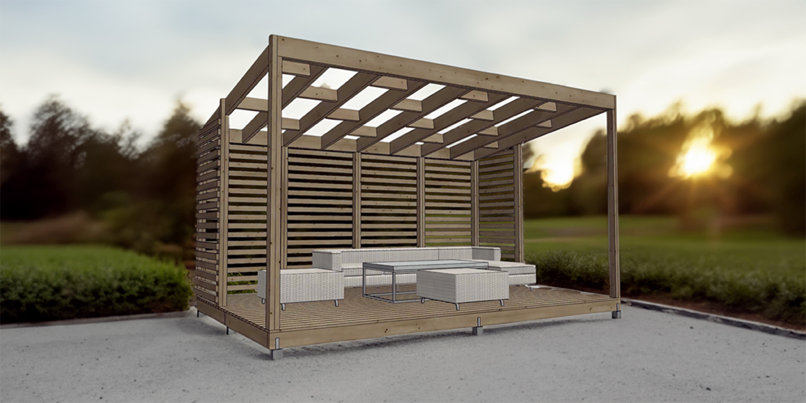 Her har vi samlet materialene du trenger for å bygge en pergola med skråtak og vegger. Vi har listet ut i hvilke lengder dragere, bord og lekter skal være, slik at du får bygget pergolaen etter riktige mål. Vi har dessuten verktøyet du trenger for å lykkes!