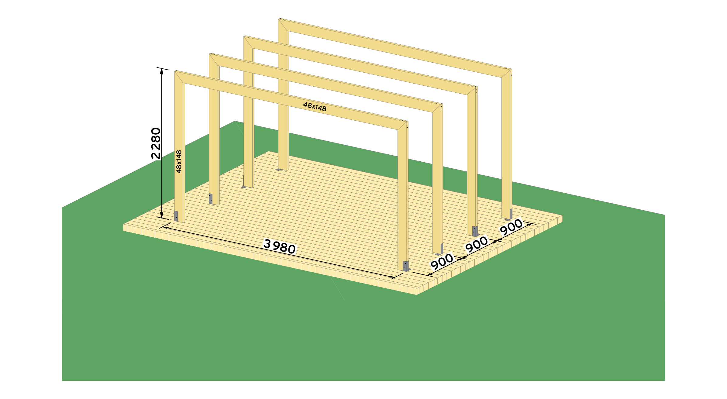1. Start med å bygge rammer med 48x148 og skru sammen med treskrue 5,0x80 mm. Fest rammene til terrassen med stolpefot og treskrue fransk 6,0x30 mm. Husk å forbore hull til franske treskruer.