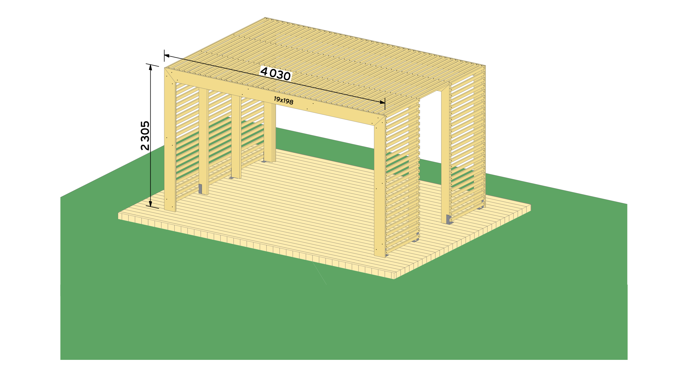 Avslutt med å kappe til kledningsbord og skru fast med treskrue 5,0x50.  Puss over ujevne eller flisete kanter med sandpapir. Nå er din pergola klar for overflatebehandling.  Dersom du har valgt cu-impregnert materiale, må du male/beise etter en sesong. Farge velger du etter eget ønske.