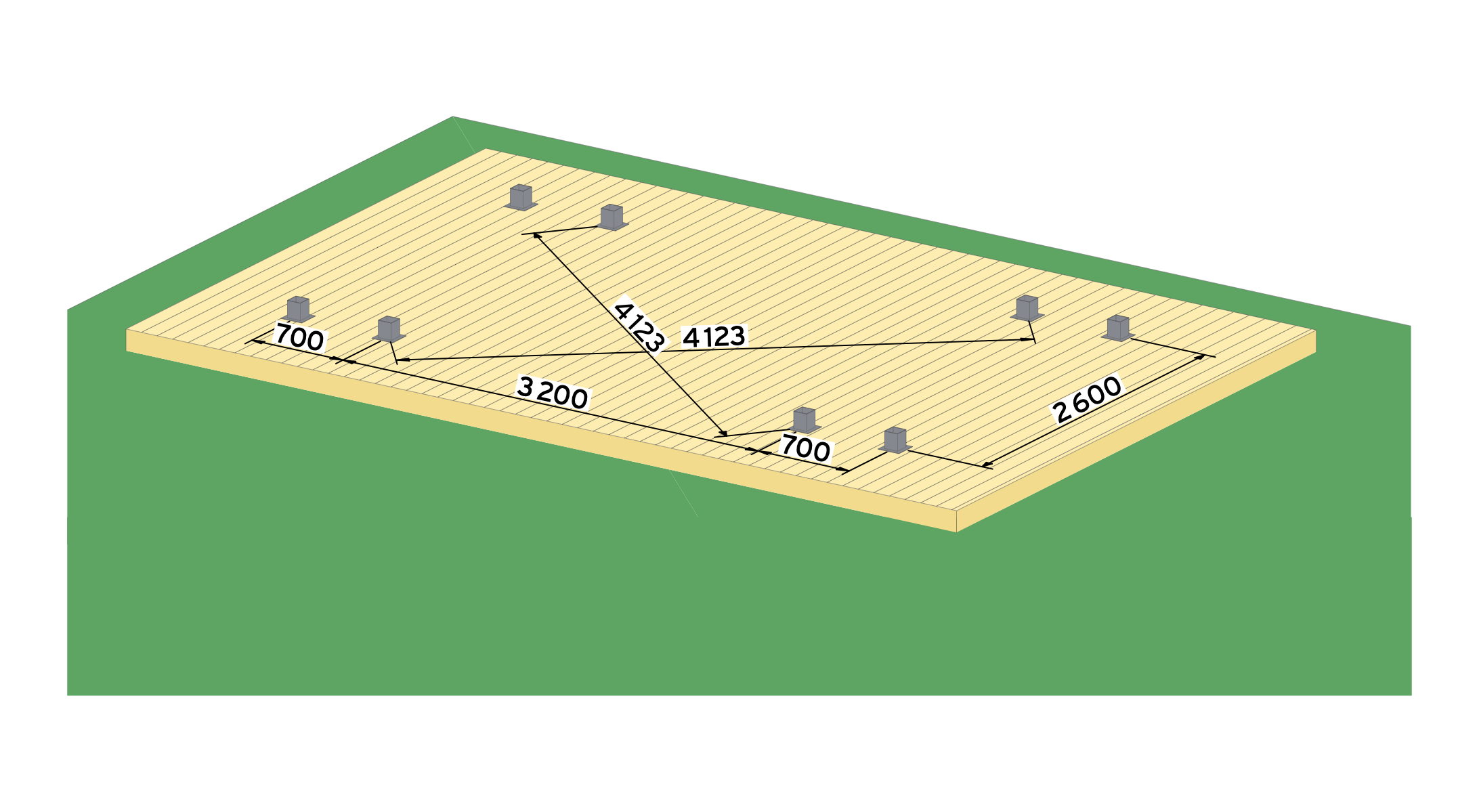 1. Start med å skru stolpeføttene fast i terrassebordene med 2x fransk treskrue 6x30. Husk å borre hull for treskruene for å ungå sprekker i treverket. Kontroller at diagonalene er like for å få rette vinkler.