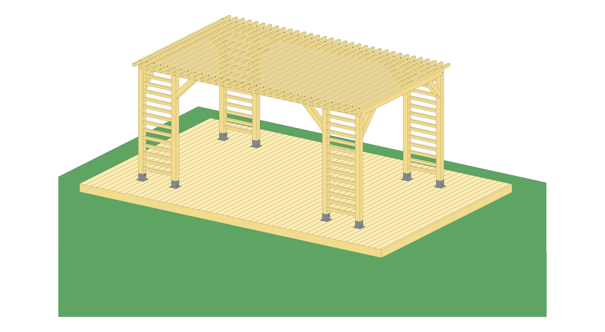 5. Avslutt med å feste 48x48 spiler med treskrue 5,0x80. Bruk rester av konstruksjonsvirke 98x98 som passbit for å få et jevnt mellomrom på 98mm mellom spilene. Puss over ujevne eller flisete kanter med sandpapir. Nå er din pergola klar for overflatebehandling. Dersom du har valgt cu-impregnert materiale, må du male/beise etter en sesong. Farge velger du etter eget ønske.
