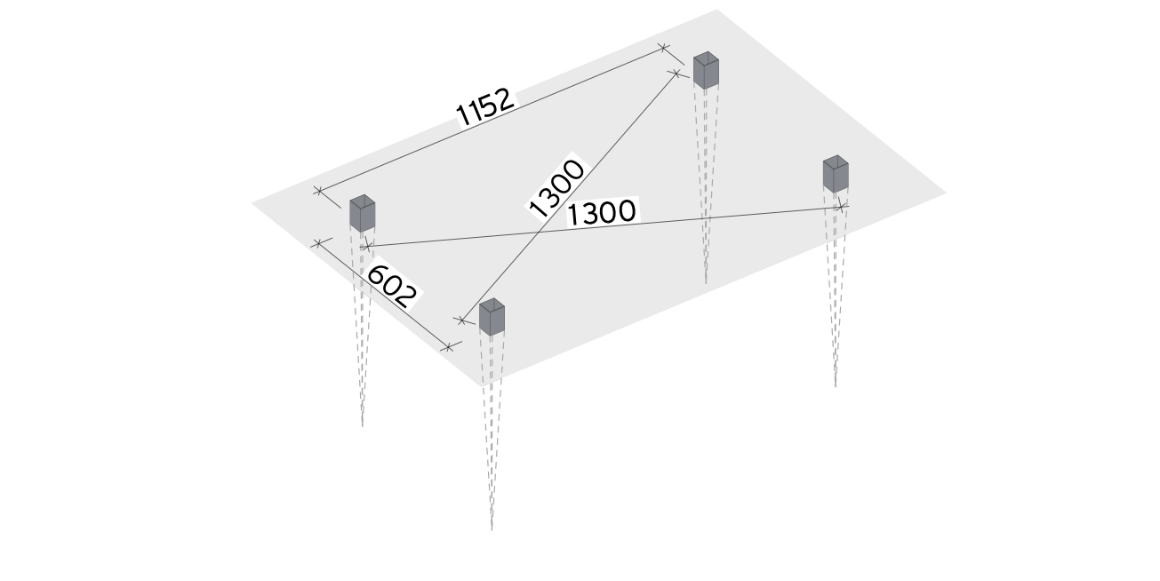 1. Marker ut plassering av stolpespyd og slå de ned i marken. Målene over er målt mellom senter i hvert spyd. Pass på at diagonalmålene er like.