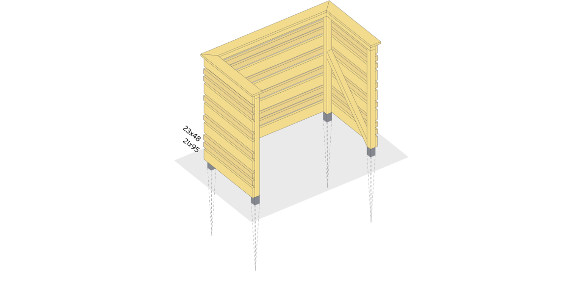 3. Skru på bordene med terrasseskrue 4,2x45. Merk at plasseringen av de ulike breddene er ujevne. Lag gjerne en egen vri. Puss over ujevne eller flisete kanter med sandpapir. Nå er søppelskuret klar for overflatebehandling. Dersom du har valgt cu-impregnert materiale, må du male/beise etter en sesong. Farge velger du etter eget ønske.
