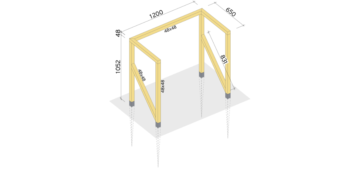 2. Bruk 48x48 lekt som stolper, disse settes i stolpespydene og festes i hver stolpe med 2x fransk treskrue 6,0x30. Skru så sammen resten med treskrue 5,0x80.
