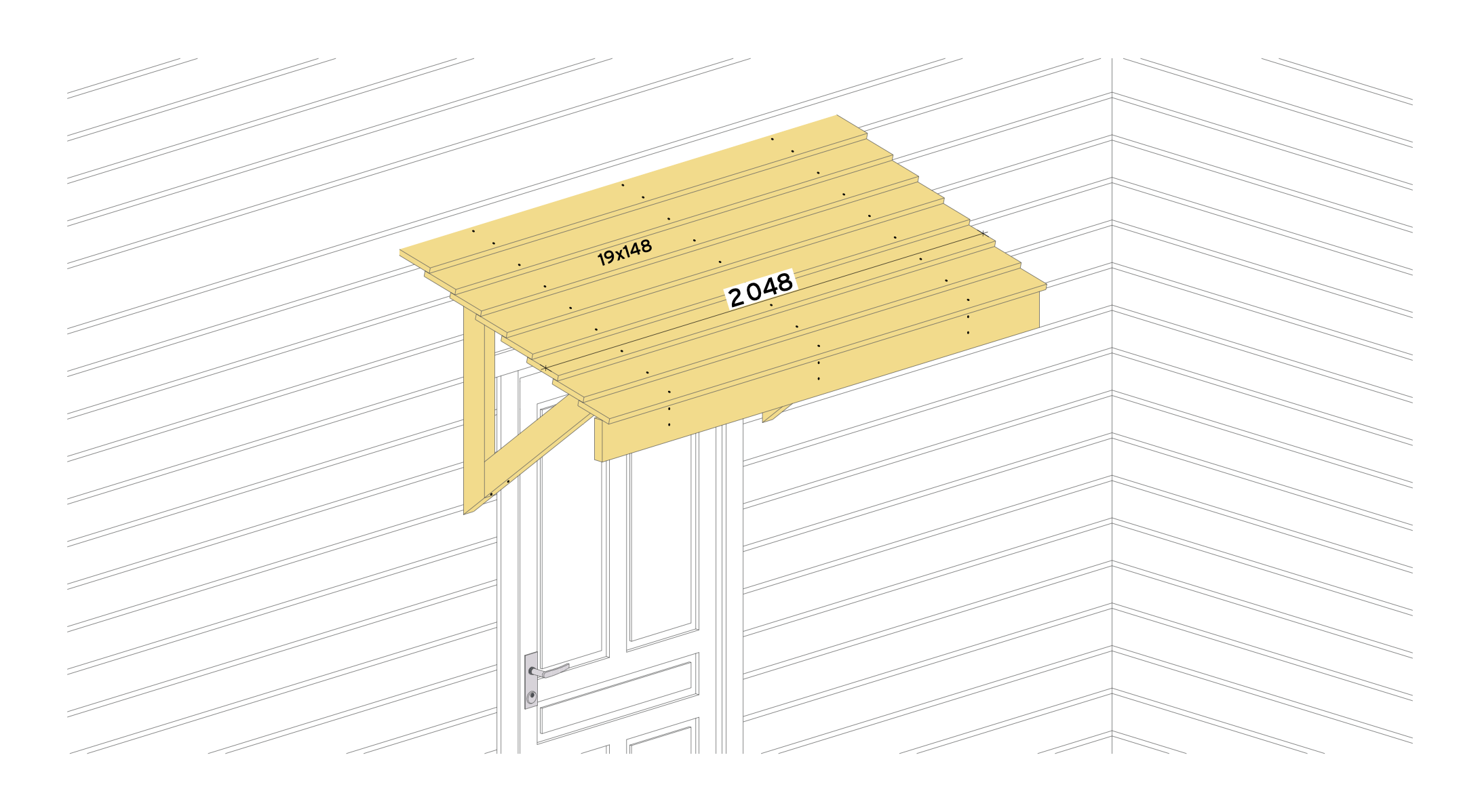 3. Spikre fast kledningsbordene med spiker firkant 2,2x50. Start med det nederste bordet og la dette stikke 33mm ut fra 36x148 lengden. Spikre fast resten av bordene med 20mm overlapp. Det øverste bordet skråskjæres langs hele lengden for en fin avslutning mot ytterveggen.
