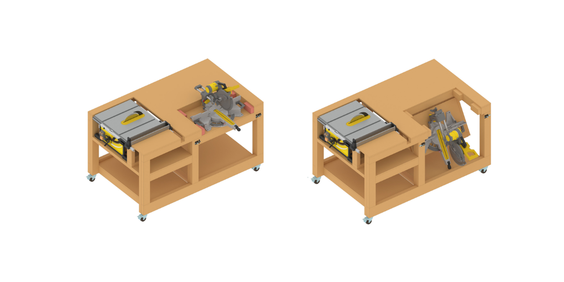 11. Monter og fest kapp- og gjærsagen. Sørg for at den er godt skrudd fast for å håndtere bevegelser som oppstår når plattformen løsnes. Ved ønske kan du feste ekstra trebiter (vist med rød markering) for å kunne legge til en ekstra plate med kryssfinér for å skape en enhetlig arbeidsflate.