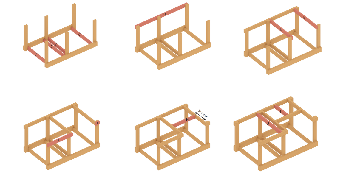3. Skru deretter sammen bena med de horisontale bjelkene (C). Fest deretter de øvre rekkene (D-J) som vist på illustrasjonen. Forbor hull før skruing for å unngå å splitte treverket.