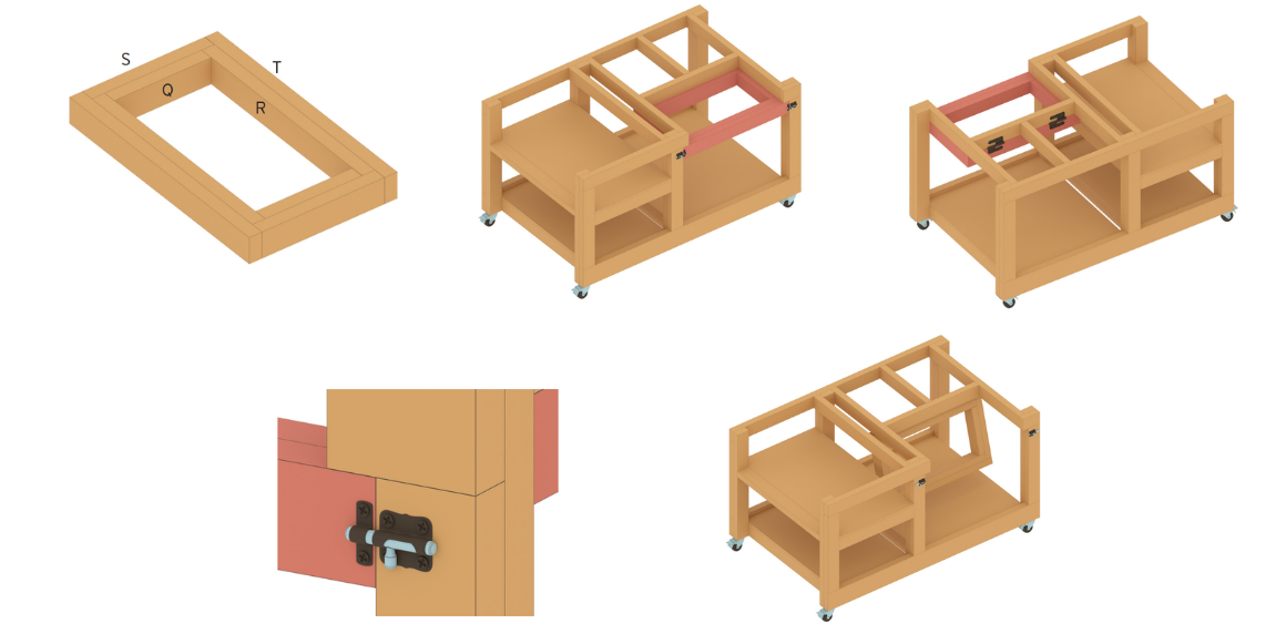 8. Konstruer en plattform for kapp- og gjærsagen, tilpasset høyden og størrelsen på ditt verktøy. Vi har tatt utgangspunkt i DeWalt DWS777. Start med å bygge rammen og fest den med hengsler i arbeidsbenken slik at kappsagen kan legges ned når du skal bruke bordsagen. Plattformen festes med låsebolter på forsiden for lett tilgang.