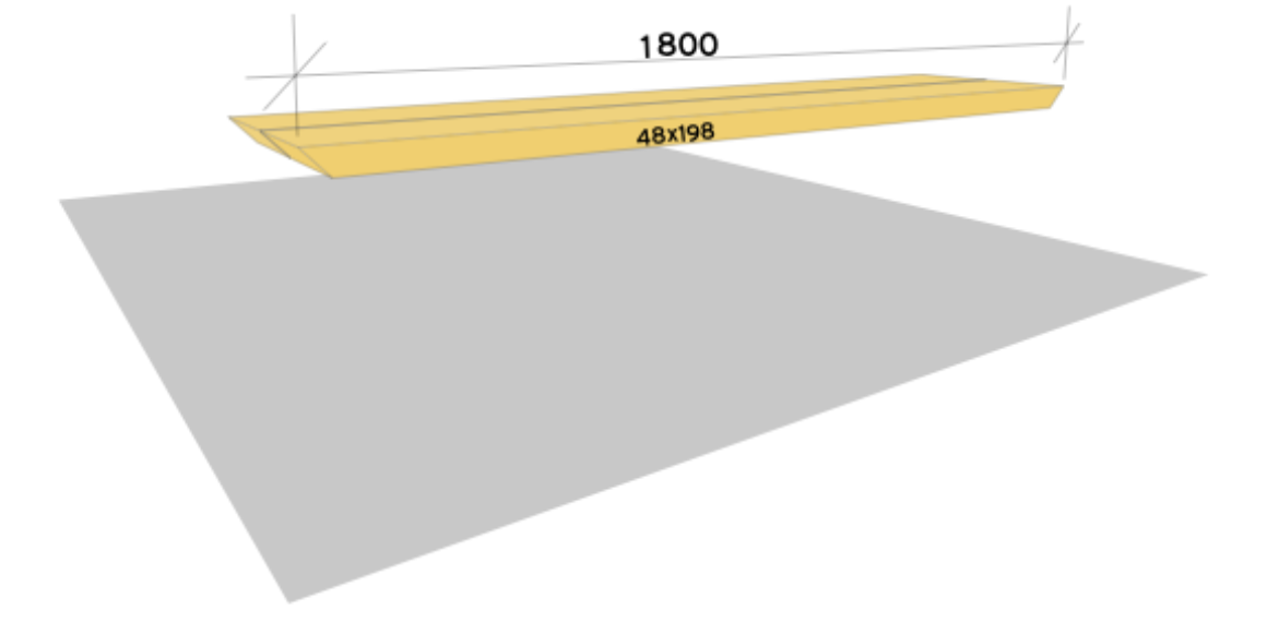 Benk 1. Kapp opp 2 stk. 48x198mm konstruksjonsvirke til 1800mm lengde og med 45 graders gjæring i begge ender. Puss over ujevne kanter med sandpapir. Legg de inntil hverandre på bakken med den lengste flaten ned.