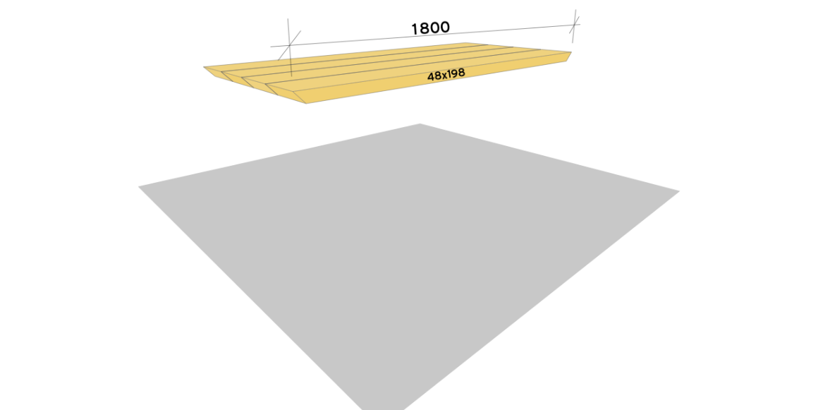 Bord 5. Kapp opp 4 stk. 48x198mm konstruksjonsvirke til 1800mm lengde og med 45 graders gjæring i begge ender. Puss over ujevne kanter med sandpapir. Legg de inntil hverandre på bakken med den lengste flaten ned.