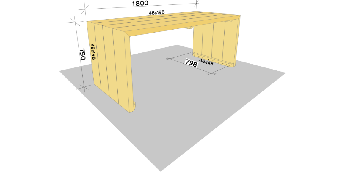 7. Kapp opp 4 stk. 48x198mm konstruksjonsvirke til 750mm lengde og med 45 graders gjæring i ene enden. Puss over ujevne kanter med sandpapir. Plassér de skråkant mot skråkant, og skru fast fra lekten og inn i konstruksjonsbordene. Ha gjerne på litt trelim mellom konstruksjonsbordene. Kapp opp 4 stk. til og gjenta på andre siden. Kapp opp 2 stk. 48x48mm lekt med 45 graders gjæring i begge ender og plassér nederst mot bakken inntil "bordbena", og skru fast med treskruer 5x80mm.