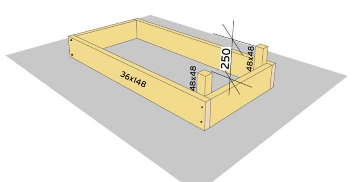 2. Kapp 2 stk. 48x48mm impregnert lekt til 250mm. Skru de fast fra innsiden, med treskruer 5,0x70mm.