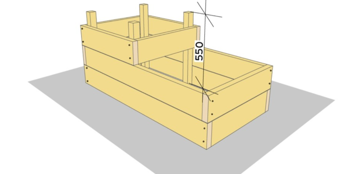 5. Kapp 4 stk. 48x48mm impregnert lekt til 550mm. Skru på innsiden av den minste rammen, med treskruer 5,0x70mm.