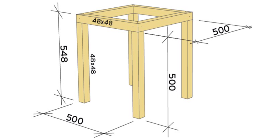 1. Kapp 4 stk lengder 48x48 til 500mm, disse blir blomsterkassens stolper. Skråskjær deretter 4 stk lengder på 500mm 48x48 til 45 grader, og fest de sammen til en ramme. Skru deretter stolpene fast i hjørnene. Bruk treskruer 5,0x80.
