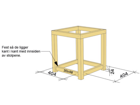 2. Kapp 4 stk lengder 30x48 til 404mm, og fest på høykant 24mm fra blomsterkassens bunn.