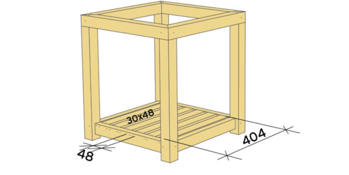 3. Kapp 6 stk lengder 30x48 til 404mm. Fest dem mellom blomsterkassens ramme i bunnen. Bruk treskruer 5,0x80. Hold lik avstand mellom lengdene.