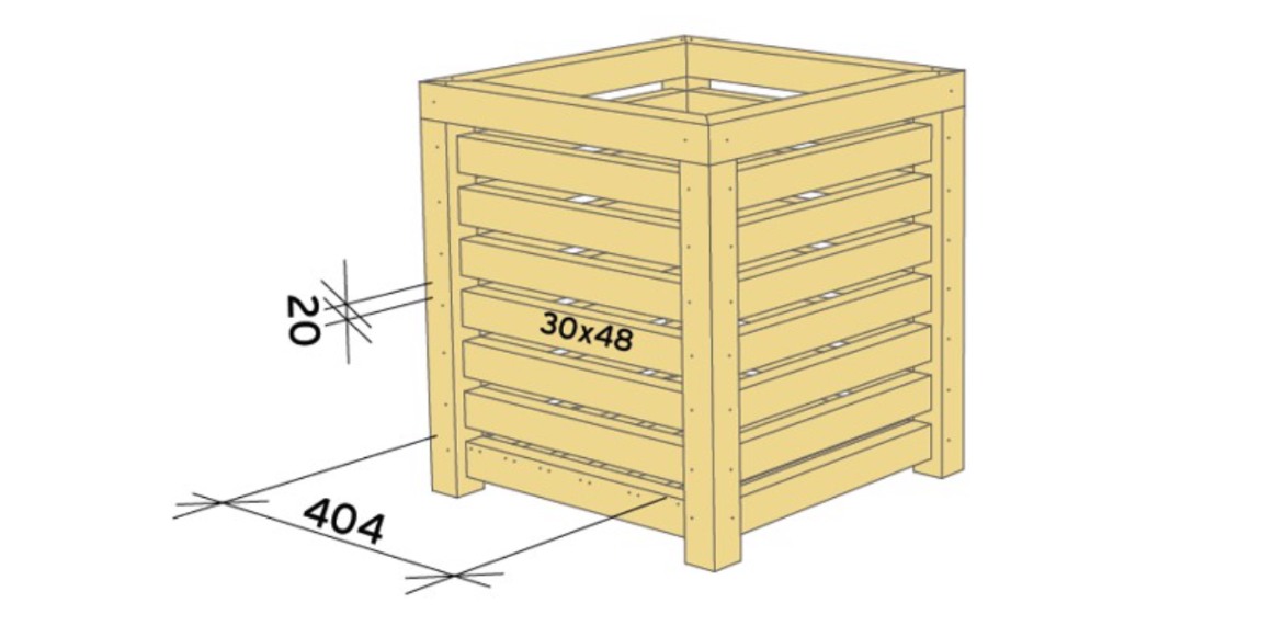4. Kapp restene av lengdene 30x48 til 404mm, totalt 24 stk til, og fest med 20mm avstand i stolpene. Kapp 6 stk lengder 30x48 til 404mm. Fest mellom rammen i bunnen, med treskruer 5,0x80. Hold lik avstand mellom lengdene. Puss gjerne skruehull med sandpapir til slutt, evt. kan de også sparkles for å få en glattere finish på blomsterkassen.