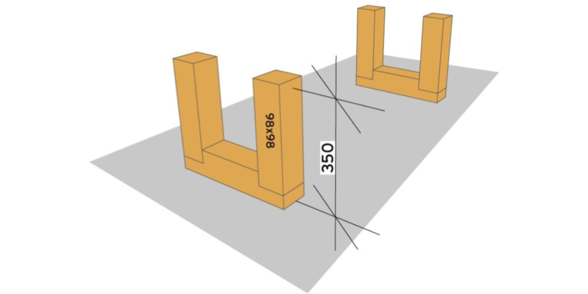 2. Kapp til 4 stk. 98x98mm konstruksjonsvirke til 350mm lengde. Lim og skru de fast i endene du sagde ut i trinn 1. Bruk treskruer 5x80mm.