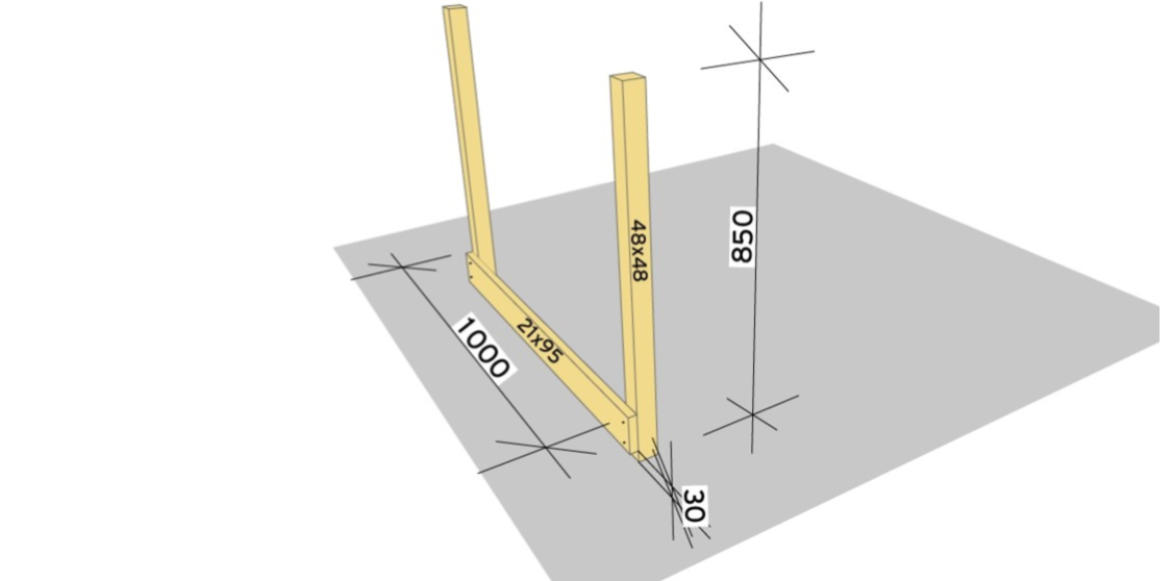 1. Kapp til 2 stk impregnert lekt 48x48 til 850mm lengde. Plasser til på bakken så bredden blir 1000mm.  Kapp til 1 stk terrassebord 21x95 til 1000mm. Skru fast bordet med 30mm luft over, med treskrue 5,0x50 mm.
