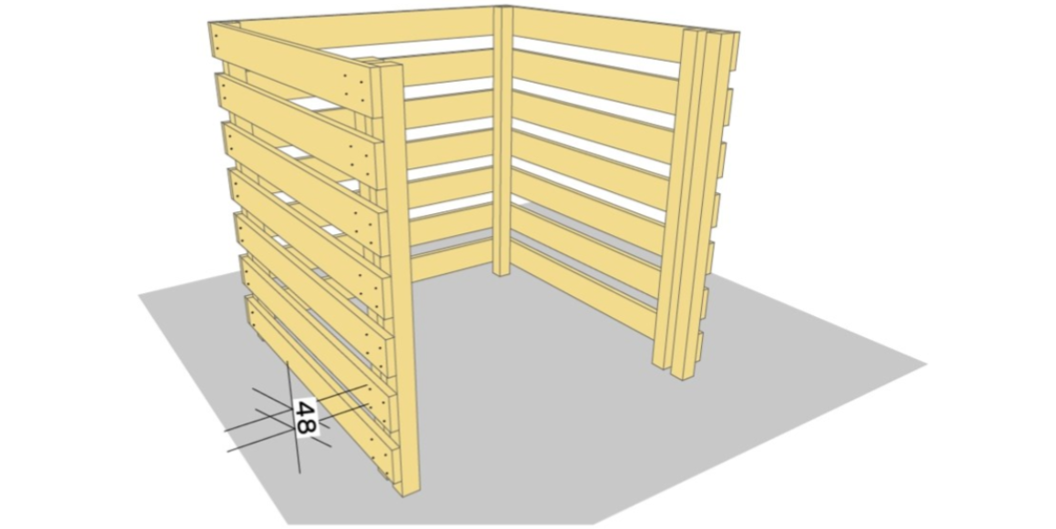 4. Kapp opp resten av terrassebordene, 12 stk 1000mm lengde, og 6 stk. 1042mm. Fest rundt om som tidligere, med 48mm luftavstand. Bruk en kloss fra lekten 48x48 til å legge mellom terrassebordene før du fester dem, så slipper du å måle til.