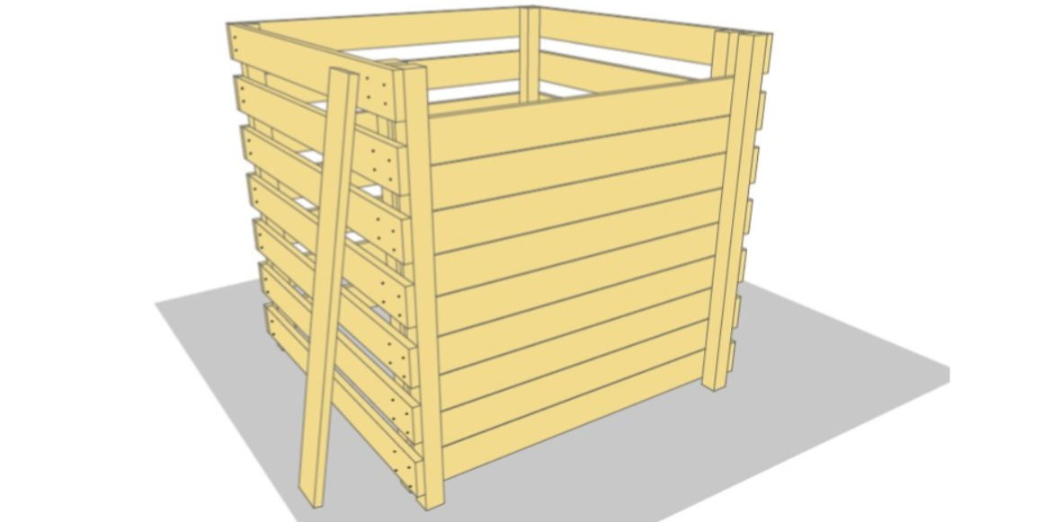 6. Tre resten av de tilskjærte bordene mellom lektene, oppå hverandre.  Puss over ujevne eller flisete kanter med sandpapir. Nå er hagebingen klar for overflatebehandling.  Dersom du har valgt cu-impregnert materiale, må du male/beise etter en sesong. Farge velger du etter eget ønske.  Nå er det bare å fylle opp med hageavfall, og du kan enkelt fjerne noen planker for å komme enklere til.  NB! Bør plasseres der det er mulighet for god drenering