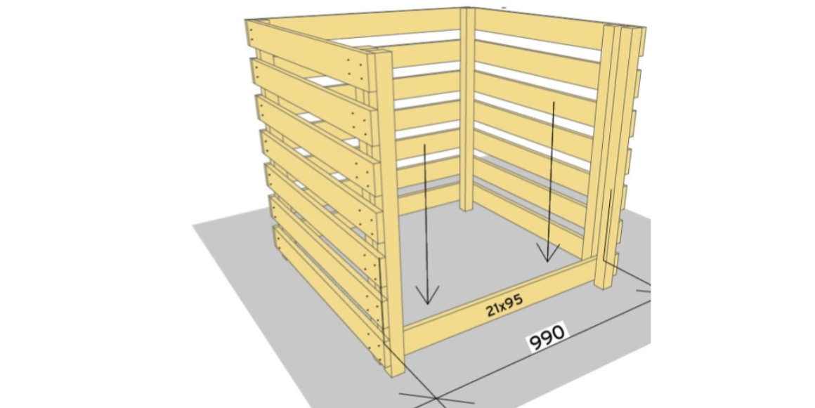 5. Kapp de siste 10 stk. terrassebordene til 990 mm lengde. Sag til 1 først, og prøv å tre nedi mellom de fremste lektene. Hvis du enten syns det blir for trangt eller løst kan du justere de andre i lengden før du sager opp resten. Dette er fronten av kompostbingen, med mulighet for å ta vekk etter behov.