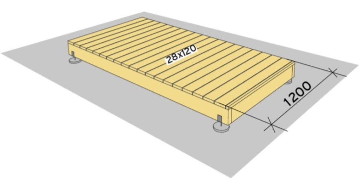 2. Kapp opp 20 stk. impregnerte terrassebord til 1200mm lengde og fest i bjelkelaget. Bruk terrasseskruer 4,2x55mm. Den siste blir da stikkende ut over bjelkelaget, skjær den til med sirkelsag eller håndsag.