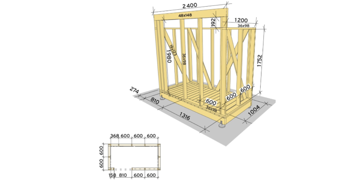 Stenderverk Materiale: Impregnert konstruksjonsvirke 36x98mm og 48x148. 3. Begynn med fronten, mål til avstand til døren og kapp opp 1 lengder til 274mm og 1 stk. til 1316mm som du fester i terrassegulvet. Da blir avstanden til døren 810mm. Kapp deretter til lengder rundt om terrassegulvet. Kapp til 11 stk. stendere til 1752 mm og fest som på anvisningen oppriss plan. Kapp til 5 stk. lengre stendere til fronten til 1980mm. Deretter kapper du til bjelkene som omkranser stenderne øverst, 2 stk. til 1200mm og 1. stk. til 2204mm. I hjørnene i front trenger du nå 2 stk. korte stendere ved siden av de lange på 192mm. Nå kan du kappe til den øverste bjelken, 1 stk. 48x148mm til 2400mm. Bruk treskruer 5x80mm.