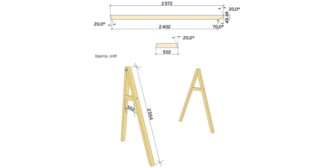 1. Kapp til stolpene til sidene først, 4 stk. Følg anvisningen øverst. Kapp til avstiveren til 502mm med 20 graders gjæring i begge ender, som på anvisningen over. Legg to og to stolper på bakken med hver sin avstiver i mellom så du får to A-konstruksjoner. Skru sammen stolpene i toppen med en hullplate på utsiden, og avstiverne med franske treskruer 10x140mm. Disse må forborres.