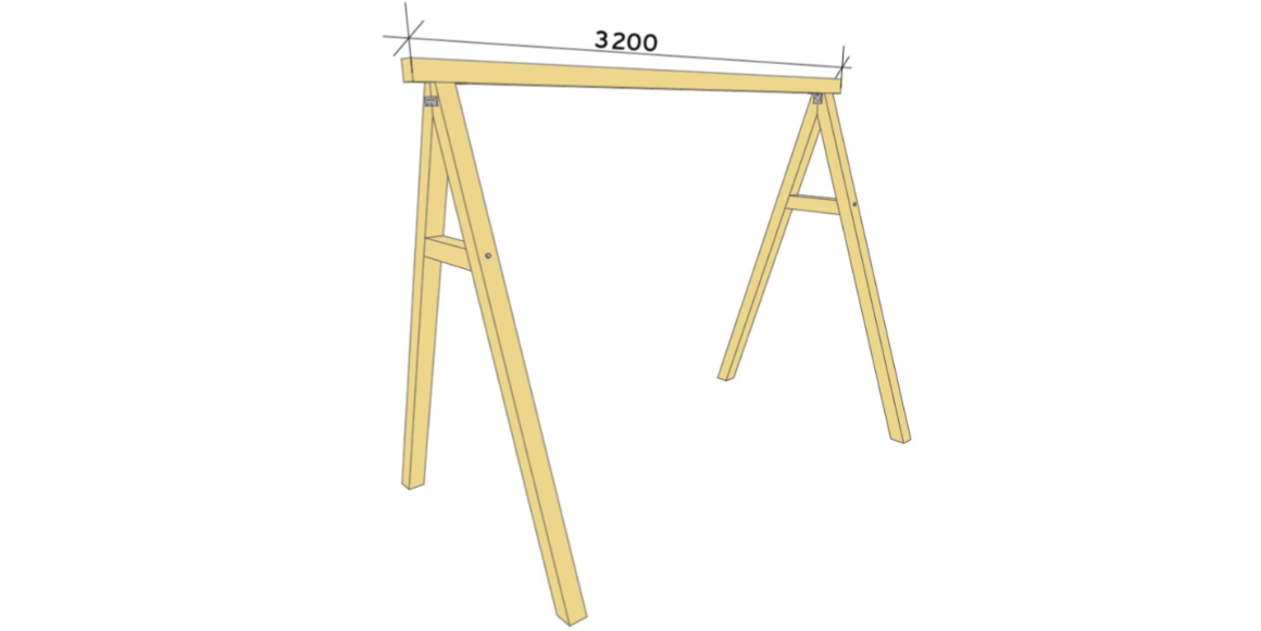 Sammenstilling Materialer: Konstruksjonsvirke 98x98mm, vinkelbeslag 70x70x55mm, treskruer 5x80mm.  2. Kapp til bjelken som skal ligge over A-konstruksjonene til 3200mm. Få hjelp til å holde og løfte for å legge den på plass. Fest med vinkelbeslag på innsiden av A-konstruksjonene.
