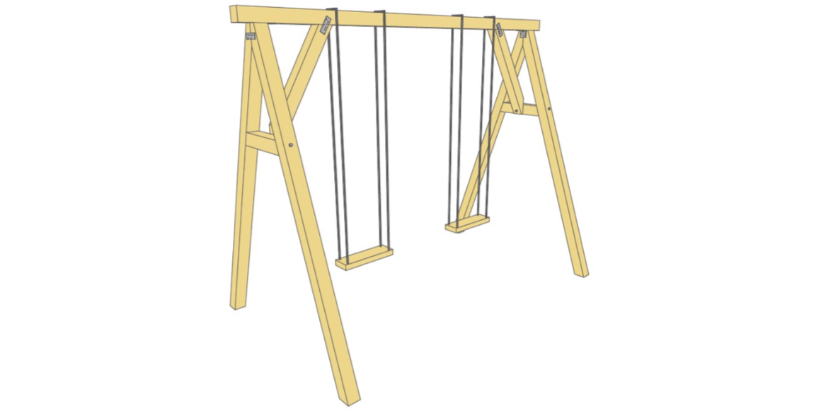* 4. Huskene kan du enten kjøpe ferdig i plast med tau, eller lage dine egne med tau/kjetting og to plankebiter av feks. konstruksjonsvirke 48x148mm som du borrer hull i. Puss over ujevne eller flisete kanter med sandpapir. Nå er huskestativet klart for overflatebehandling. Dersom du har valgt cu-impregnert materiale, må du male/beise etter en sesong. Farge velger du etter eget ønske.  NB! Huskestativet MÅ festes til underlaget.  Vurder fundamentering, avhengig av underlaget. Dersom underlaget er tre/betong el.l kan husken boltes fast. I løse masser som jord/sand el.l anbefales nedstøpt betong- fundament.