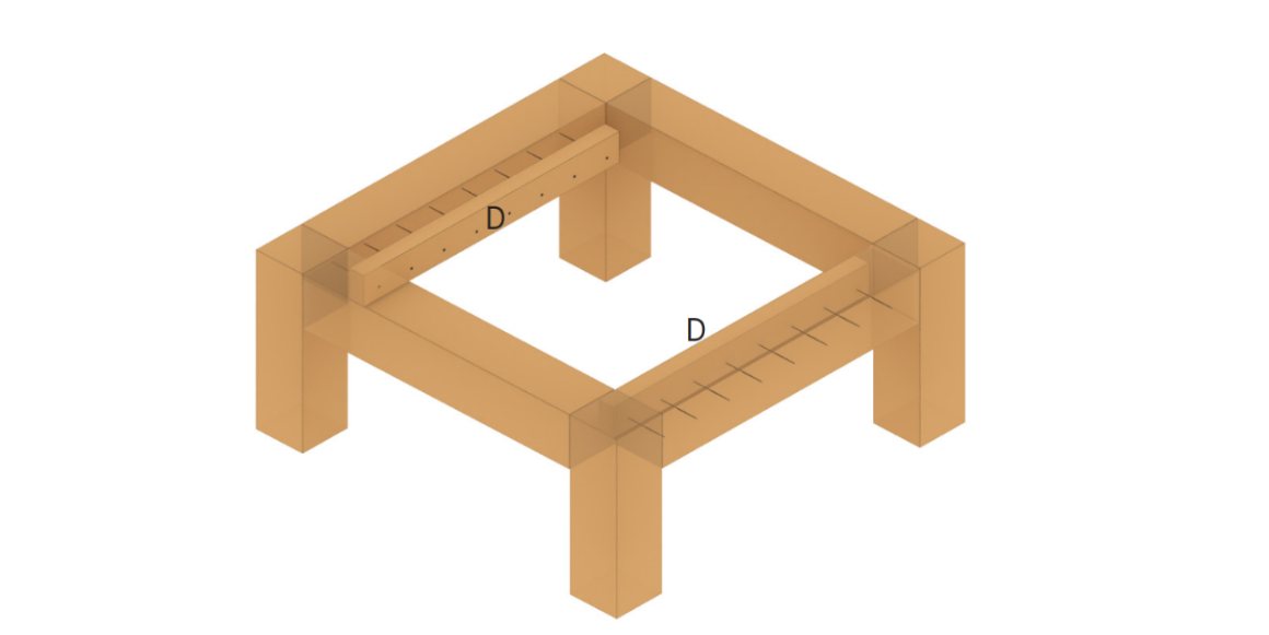 4. Monter tverrstøttene (48x48 mm) 36 mm under toppen av benrammene for å støtte bordplankene. Forbor med 3 mm bor og fest hver tverrstøtte med 5x90 mm skruer, 6-8 skruer per tverrstøtte.