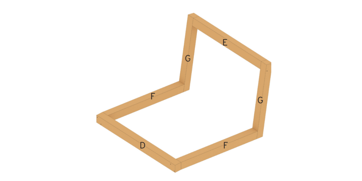 3. Plasser D, E, F, og G slik som anvist. Forborr med 5 mm bor og fest med fire 6x200 mm treskruer fra baksiden mellom G og F. Monter med 5x90 mm treskruer mellom G og E, og D og F, bruk to skruer for hvert festepunkt.