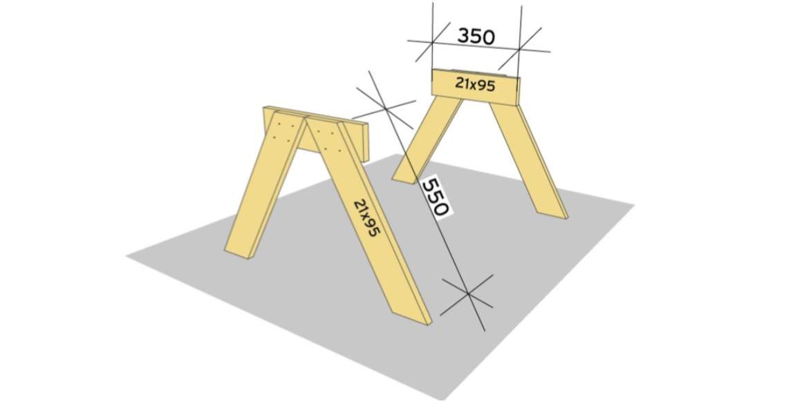 1. Kapp til 4 stk. 91x95mm impregnert terrassebord til 550mm lengde med 60 graders gjæring i begge ender.  Kapp til 2 stk. terrassebord til 350mm og skru fast til to like rammer som på anvisningen over. Bruk terrasseskruer 4,2x45mm.