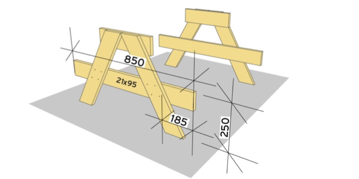 2. Kapp til 2 stk. terrassebord til 850mm. Mål til 250mm høyde fra bakken på begge rammene og skru fast så de stikker 185mm forbi rammen på begge sider.