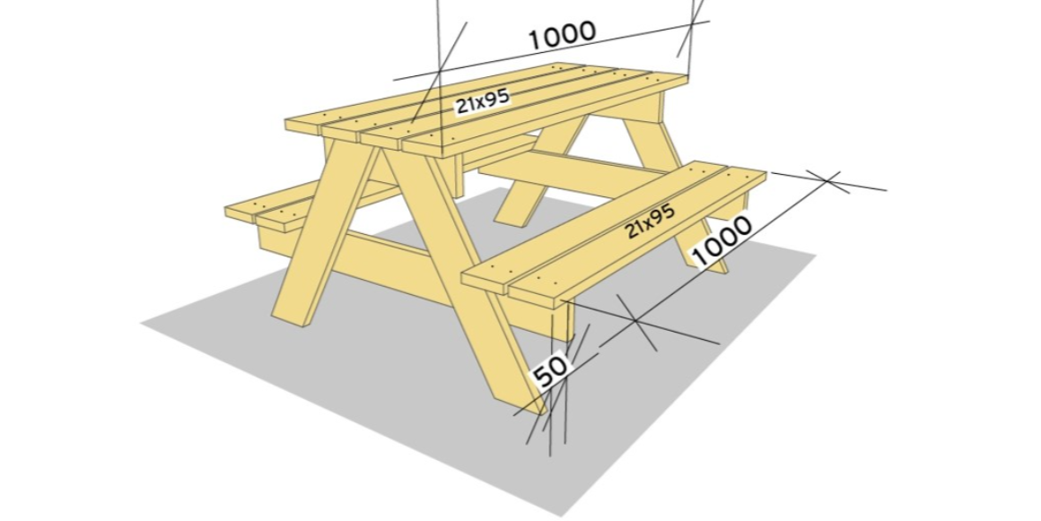 3. Kapp til 8 stk. terrassebord til 1000mm lengder til bord og benker. Skru fast med terrasseskruer.  Puss over alle kanter med sandpapir eller slipemaskin til slutt. Nå er piknikbenken ferdigsnekret.
