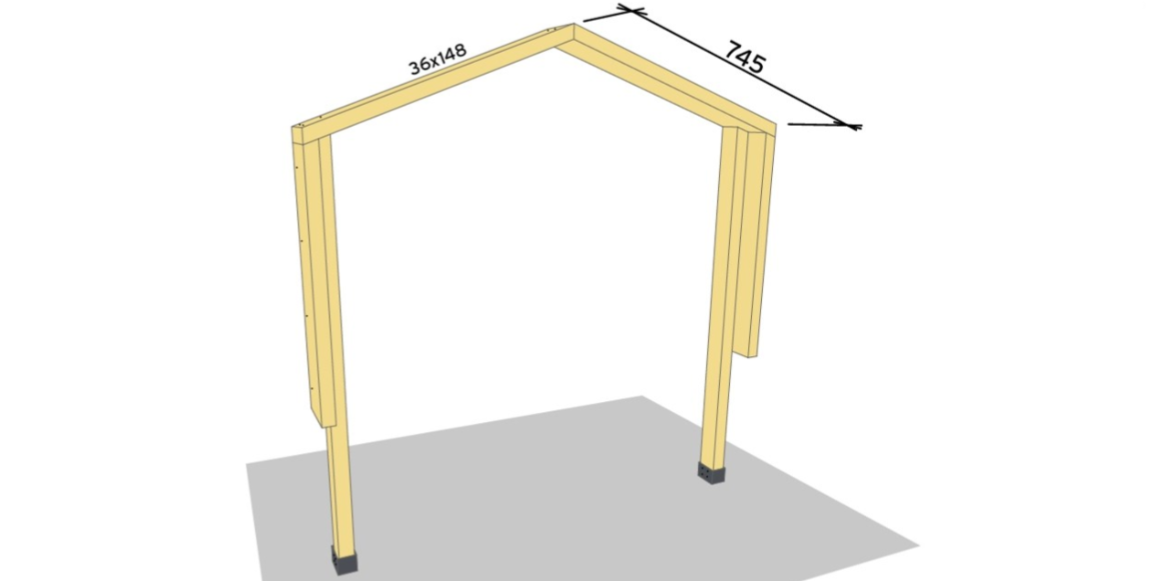 Hold kappsagen på 20 grader og kapp 2 stk trykkimpregnerte konstruksjonsbord 36x148 til 745mm. Skru fast i stolpene og veggen, og i hverandre i møne. Bruk treskruer 5,0x70.