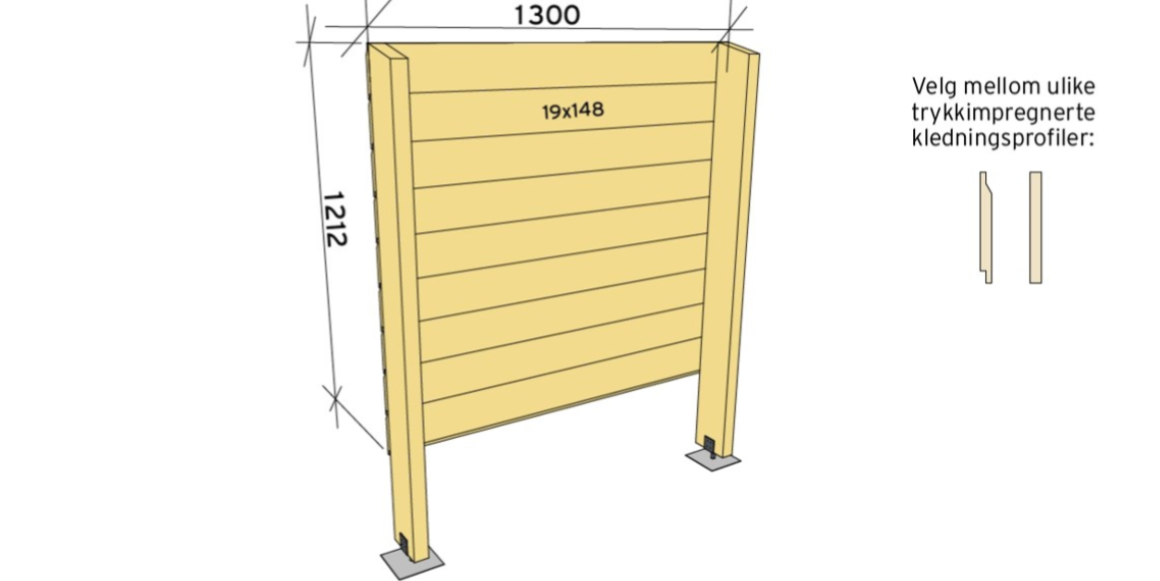 Kapp 9 stk trykkimpregnerte kledningsbord 19x148 til 1300mm. Fest vannrett til stolpene.