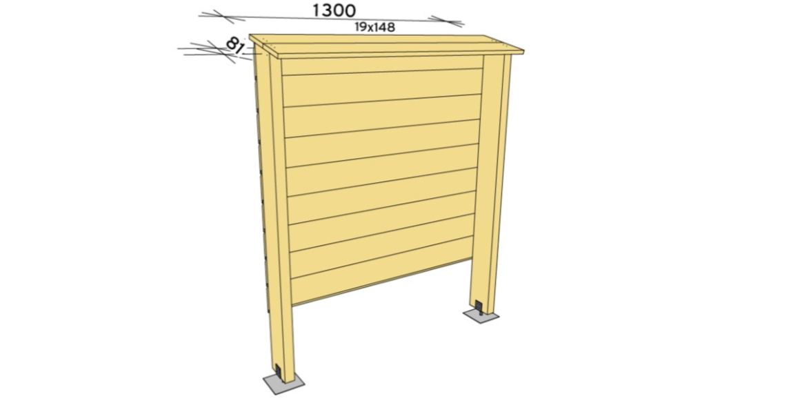 Kapp 2 stk trykkimpregnerte kledningsbord 19x148 til 1300mm. Fest oppå stolpene med ca 80mm utstikk/overheng i front.