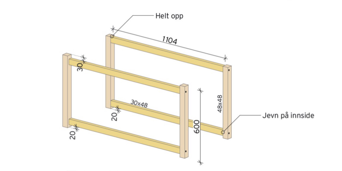Start med å kappe til lenger beskrevet over og bruk treskruer 5,0x80mm for å skru sammen.