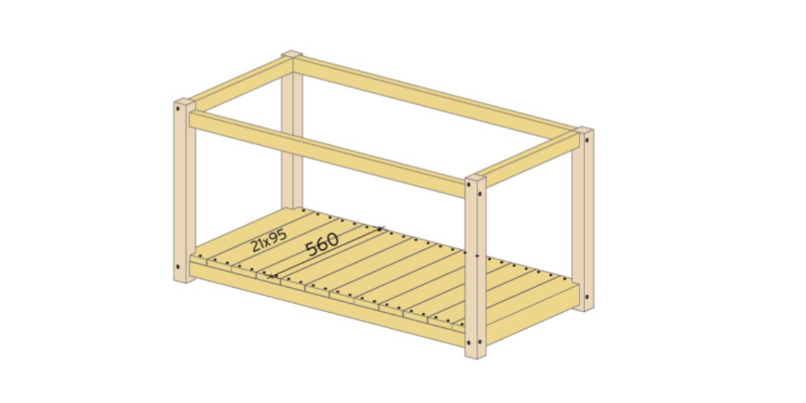 Kapp til 12 lenger av 21x95mm beskrevet over og bruk terrasseskrue 4,2x35 mm for å feste gulvet i rammen under. Merk at to bord har en utskjæring på hjørnene.