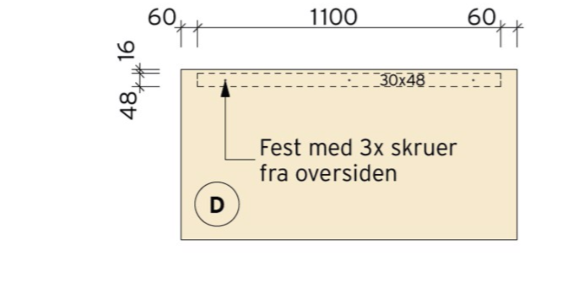 Fest en lengde med 30x48mm under lokket som feste for hengsle. Bruk terrasseskrue 4,2x35.