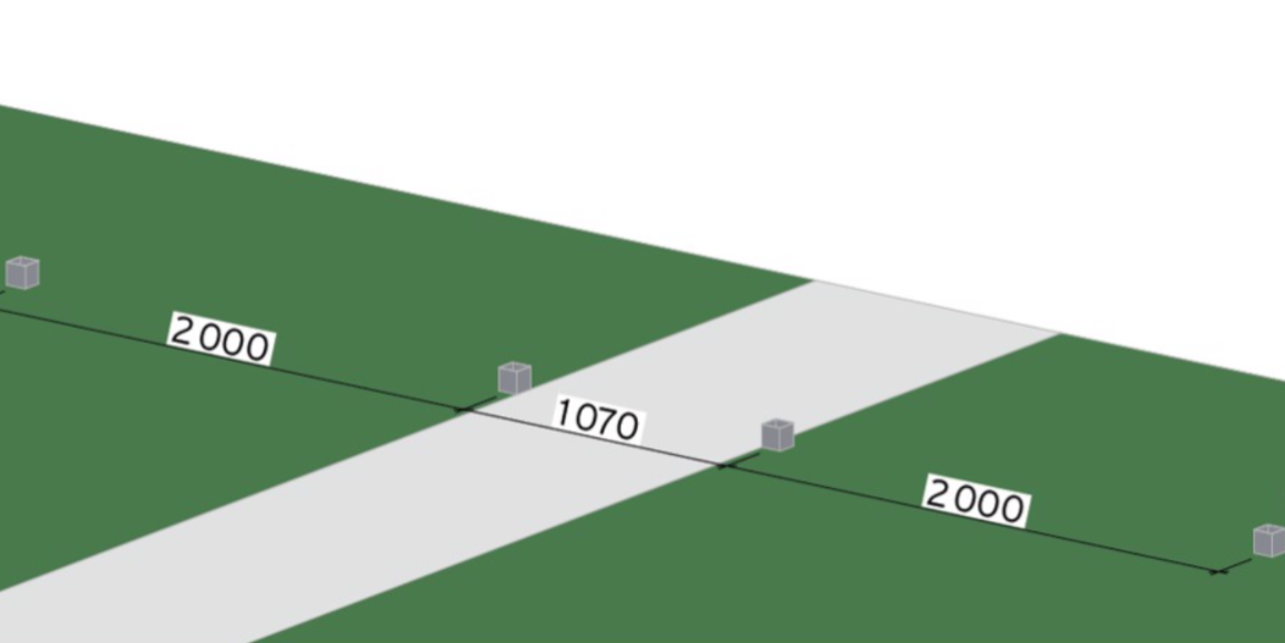 Steg 1 Marker ut plassering av stolpespyd og slå de ned i marken. Målene over er målt mellom senter i hvert spyd.