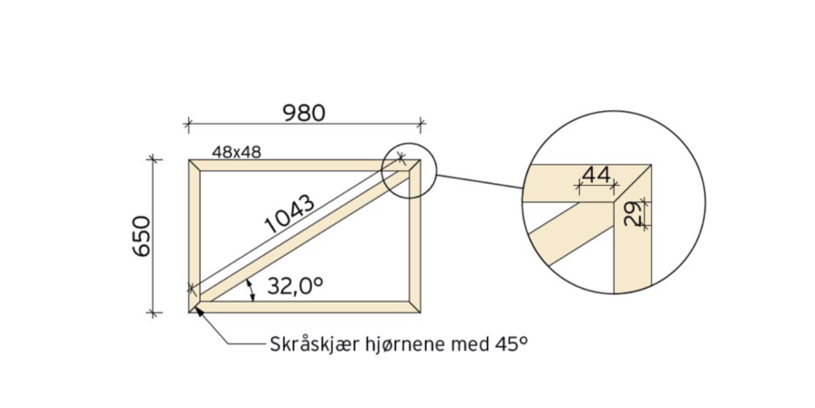 Steg 3 Lag rammen til porten med impregnert tre 48x48 og skru sammen med treskrue 5,0x80.
