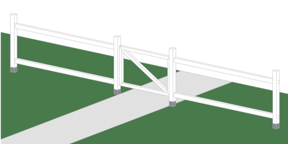 Feste porten til en stolpe med varmforzinkede stabelhengsler 400 mm. Bruk Skåtebolt 155 mm, varmforzinket som lås.